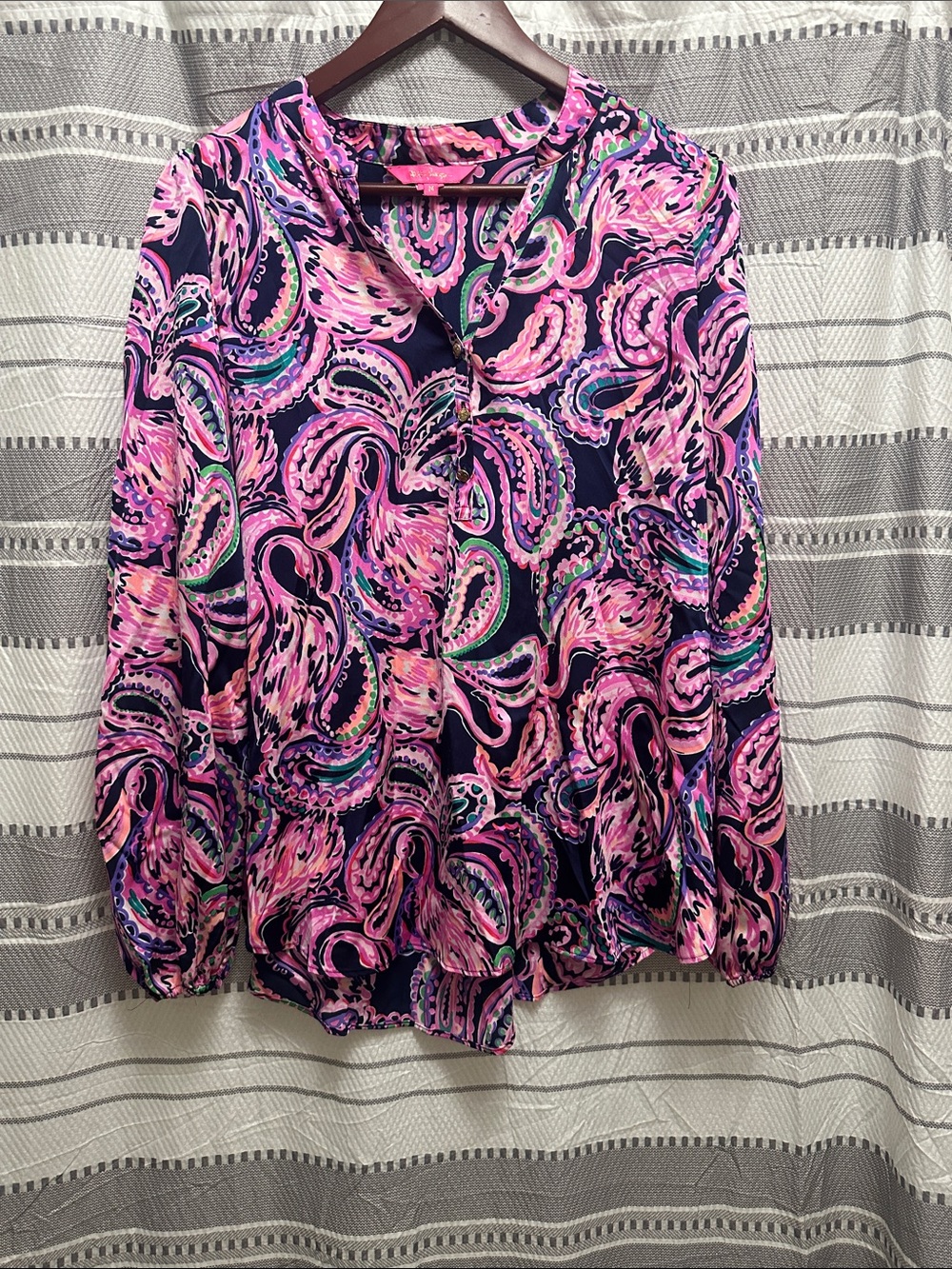 Lilly Pulitzer Pink & Navy Paisley Long-Sleeve Blouse